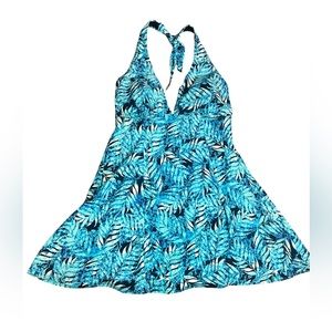 A Shore Fit Swimsuit One Piece Skirt Built-in Panty Blue Floral Black Lined Tie